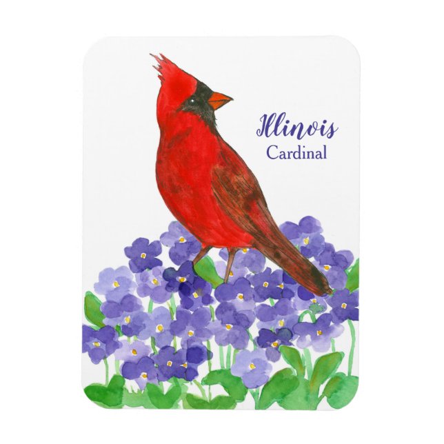 Cardinal Bird Purple Violet Flowers Watercolor Magnet (Vertical)