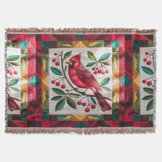 Cardinal Bird Quilt, Fleece Blanket – Vibrant Red  (Front)