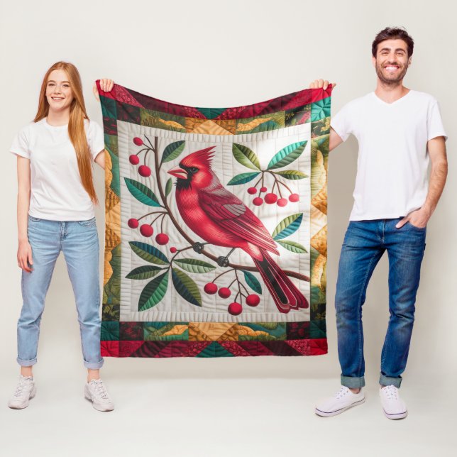Cardinal Bird Quilt, Fleece Blanket – Vibrant Red  (In Situ)