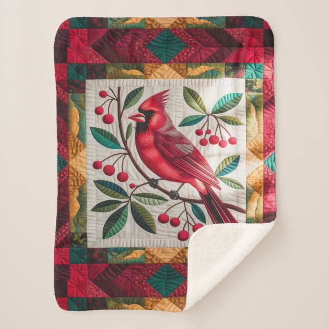 Cardinal Bird Quilt, Fleece Blanket – Vibrant Red  (Front)