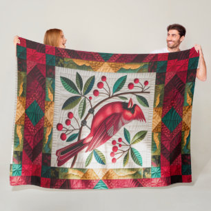 Cardinal Bird Quilt, Fleece Blanket – Vibrant Red