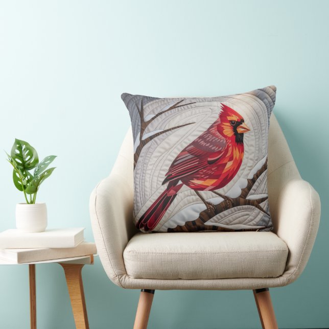 Cardinal Bird Quilt & Throw Pillow – Red Cardinal  (Chair)