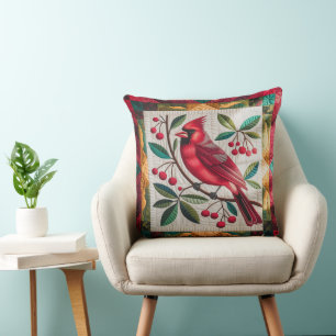 Cardinal Bird Quilt, Throw Pillow Vibrant Red Card