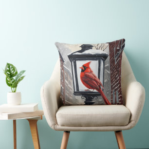 Cardinal Bird Sat On A Snow Covered Street Lantern Cushion