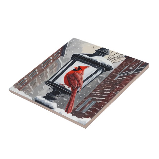 Cardinal Bird Sat On A Snow Covered Street Lantern Tile (Side)