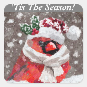 Cardinal Bird Scarf & Hat in Snow Christmas Square Sticker
