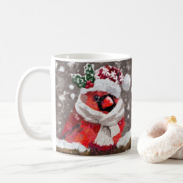 Cardinal Bird Scarf Hat Snow Christmas Seasonal Coffee Mug (With Donut)