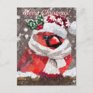 Cardinal Bird Scarf Hat Snow Holiday Postcard