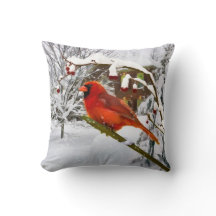 Cardinal Bird, Snow, Winter, Throw Pillow