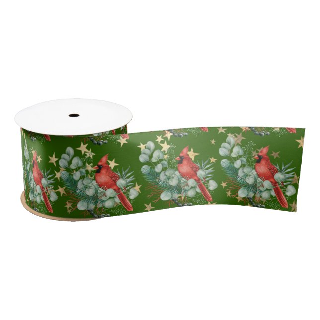 Cardinal Bird & Stars Satin Ribbon (Spool)