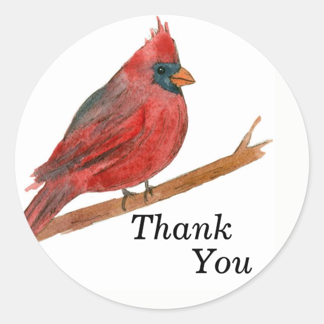 Cardinal Bird Thank You Watercolor Wildlife Classic Round Sticker (Front)
