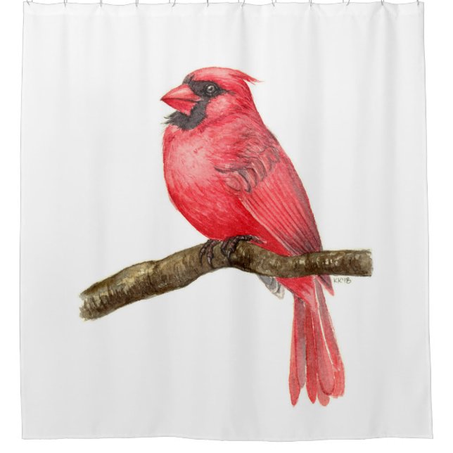 Cardinal bird watercolor shower curtain (Front)