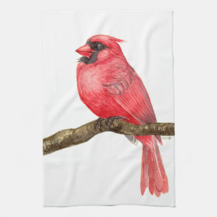 Cardinal bird watercolor tea towel