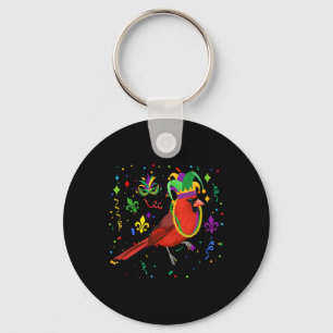 Cardinal Bird Wearing Mardi Gras Beads Jester Hat Key Ring