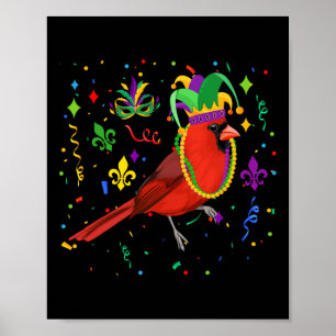 Cardinal Bird Wearing Mardi Gras Beads Jester Hat Poster