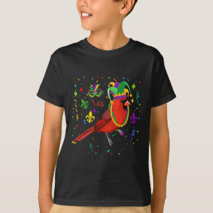 Cardinal Bird Wearing Mardi Gras Beads Jester Hat T-Shirt