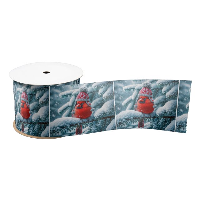 Cardinal Bird Wearing Winter Hat Satin Ribbon (Spool)