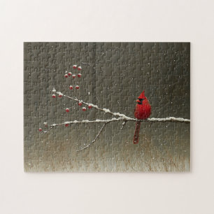 Cardinal Bird Winter Berry Tree Jigsaw Puzzle