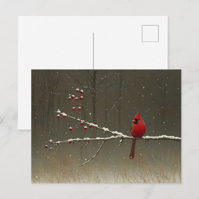 Cardinal Bird Winter Berry Tree Postcard (Front/Back)