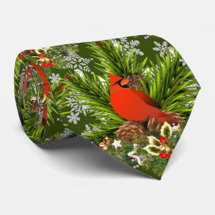 Cardinal Bird Winter Greenery Neck Tie