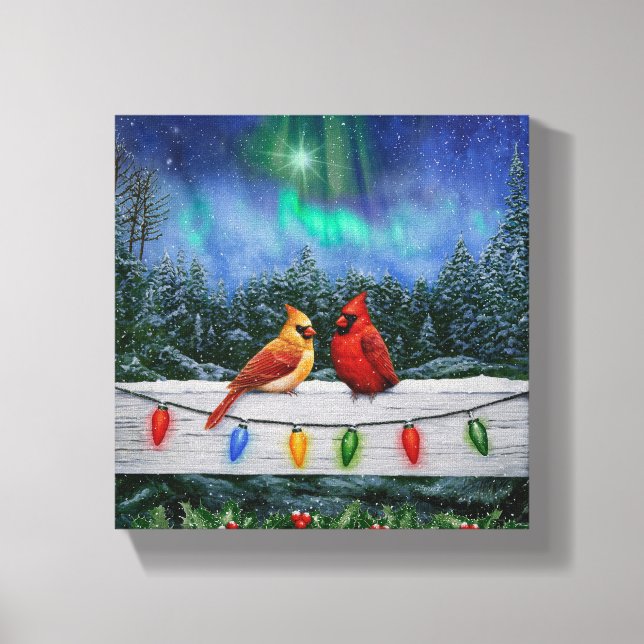 Cardinal Birds and Christmas Lights Canvas Print (Front)