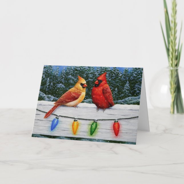 Cardinal Birds and Christmas Lights Holiday Card (Front)