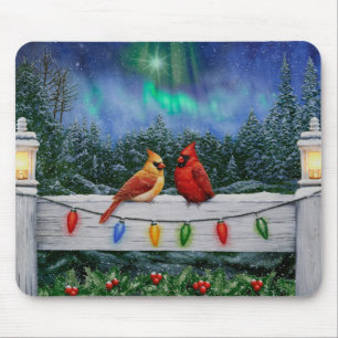 Cardinal Birds and Christmas Lights Mouse Mat
