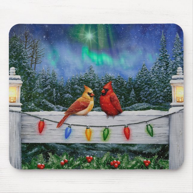 Cardinal Birds and Christmas Lights Mouse Mat (Front)