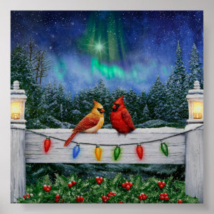Cardinal Birds and Christmas Lights Poster
