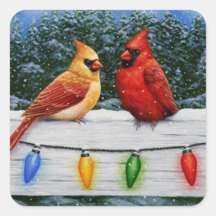 Cardinal Birds and Christmas Lights Square Sticker