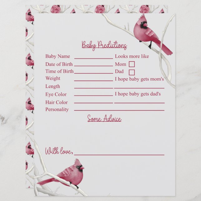 Cardinal Birds Baby Shower Predictions And Advice (Front/Back)