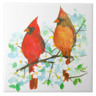 Cardinal Birds Dogwood Tree Watercolor Tile