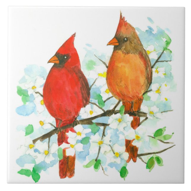 Cardinal Birds Dogwood Tree Watercolor Tile (Front)