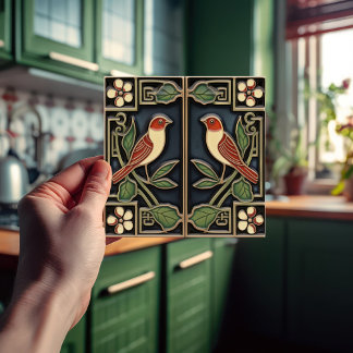 Cardinal Birds Flowers Art Deco Nouveau Wall Decor Tile