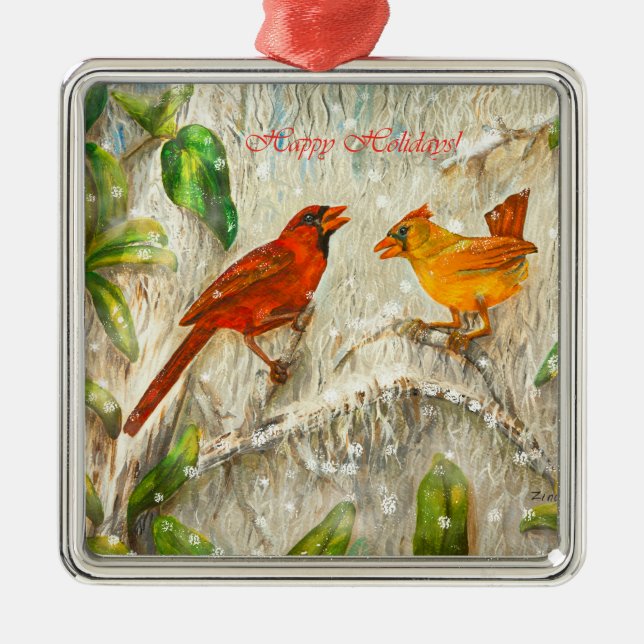 Cardinal birds in snow metal tree decoration (Front)