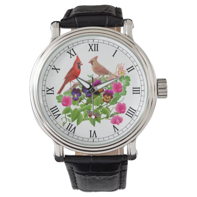 Cardinal Birds on Garden Flowers Watch (Front)