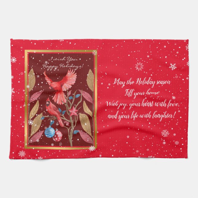 Cardinal Birds on the Christmas Tree Customise Tea Towel (Horizontal)