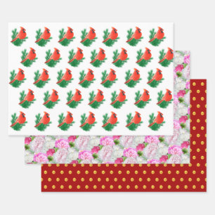 Cardinal Birds, Peony Flowers & Golden Confetti Wrapping Paper Sheet