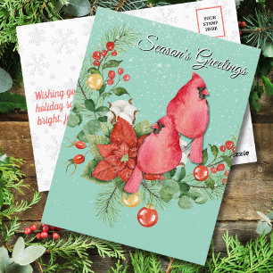 Cardinal Birds Perched on Christmas Wreath Postcard