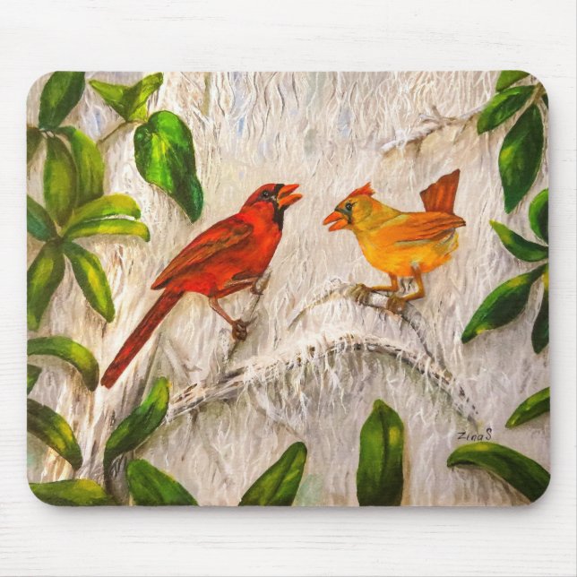 Cardinal birds red and orange mouse mat (Front)