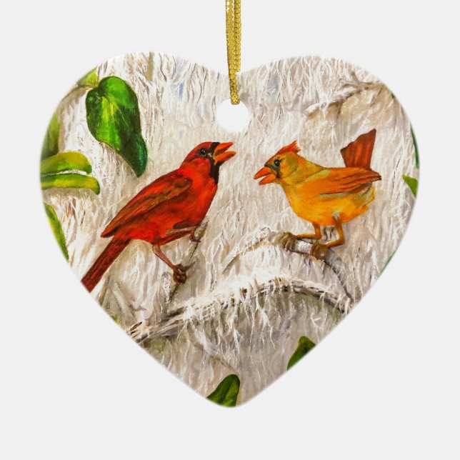 Cardinal birds Singing of love Ceramic Tree Decoration (Front)