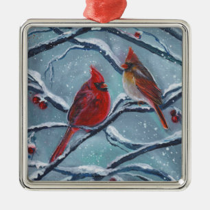 Cardinal birds winter by Renee Lavoie  Metal Tree Decoration