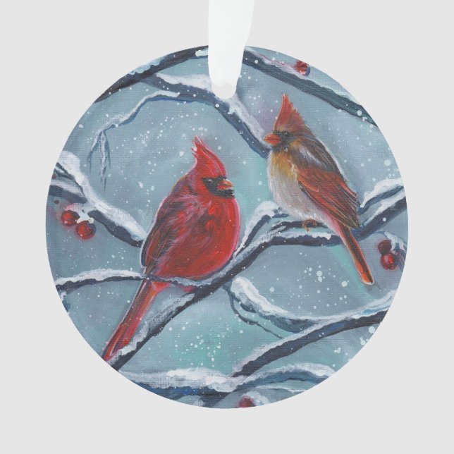 Cardinal birds winter by Renee Lavoie  Ornament (Front)