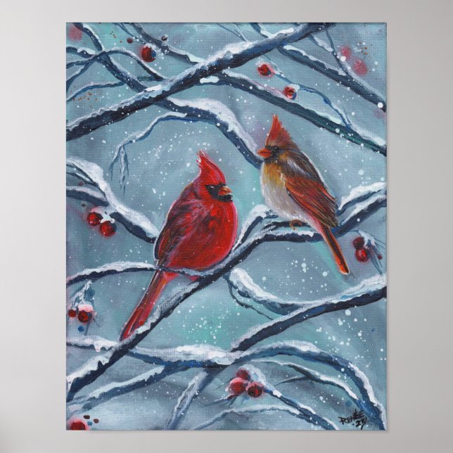 Cardinal birds winter by Renee Lavoie  Poster (Front)