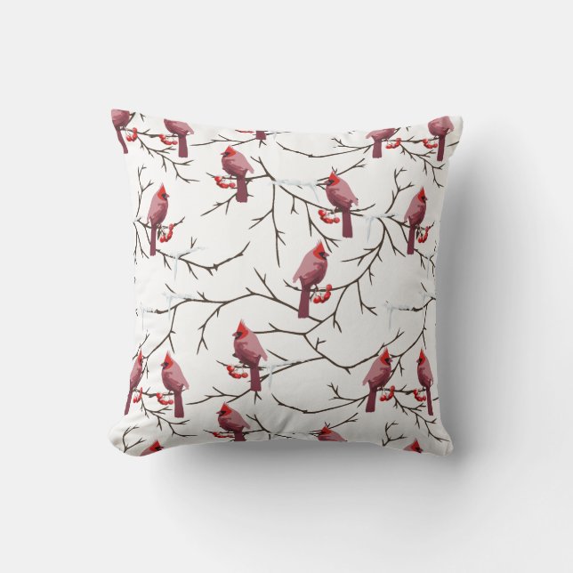 Cardinal Birds, Winter Cherries and Snow Pattern Cushion (Front)