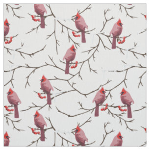 Cardinal Birds, Winter Cherries and Snow Pattern Fabric