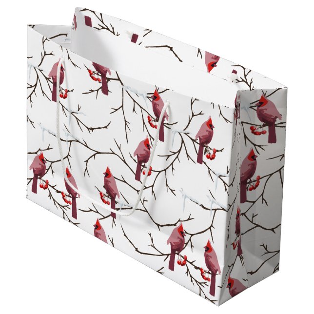 Cardinal Birds, Winter Cherries and Snow Pattern Large Gift Bag (Front Angled)