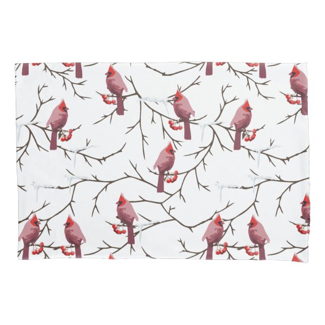 Cardinal Birds, Winter Cherries and Snow Pattern Pillowcase (Front)