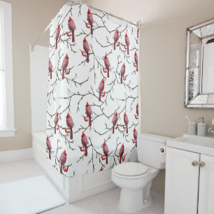Cardinal Birds, Winter Cherries and Snow Pattern Shower Curtain