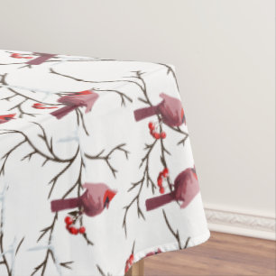 Cardinal Birds, Winter Cherries and Snow Pattern Tablecloth